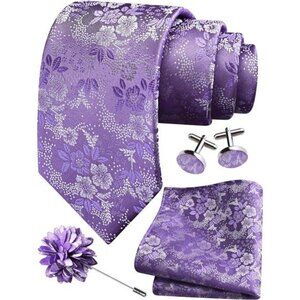 Mens Lapel Pin Necktie Hankerchief Cufflinks Set Purple2